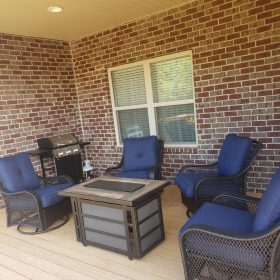 2024 New Hanover Orleans 5-Piece Steel Patio Fire Pit Conversation Set with Cushions. Swivel Gliders and Square Fire Pit Table photo review